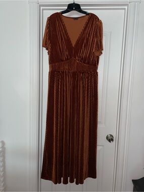 Simplee Women's ORANGE Boho Velvet Ribbed Maxi Dress V Neck Short Sleeve  Sz XL